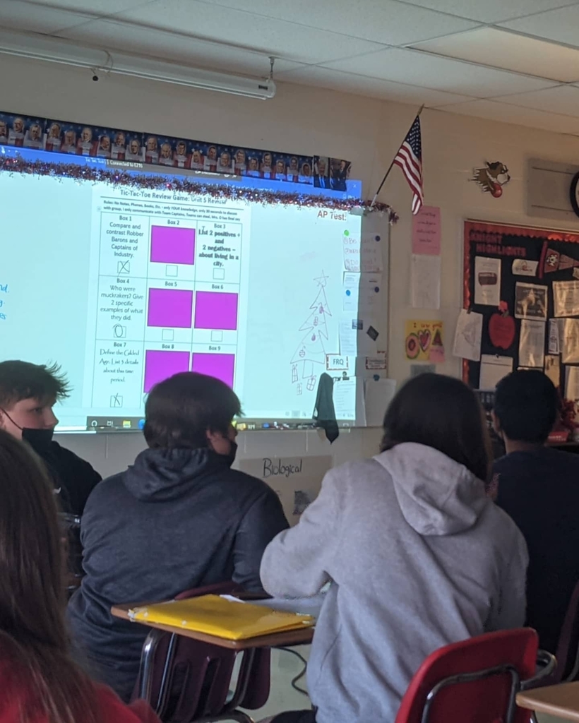 Mrs. Opoka's 7th hour US History class participates in a collaborative, competitive, and fun game of tic tac toe to help review for final exams.